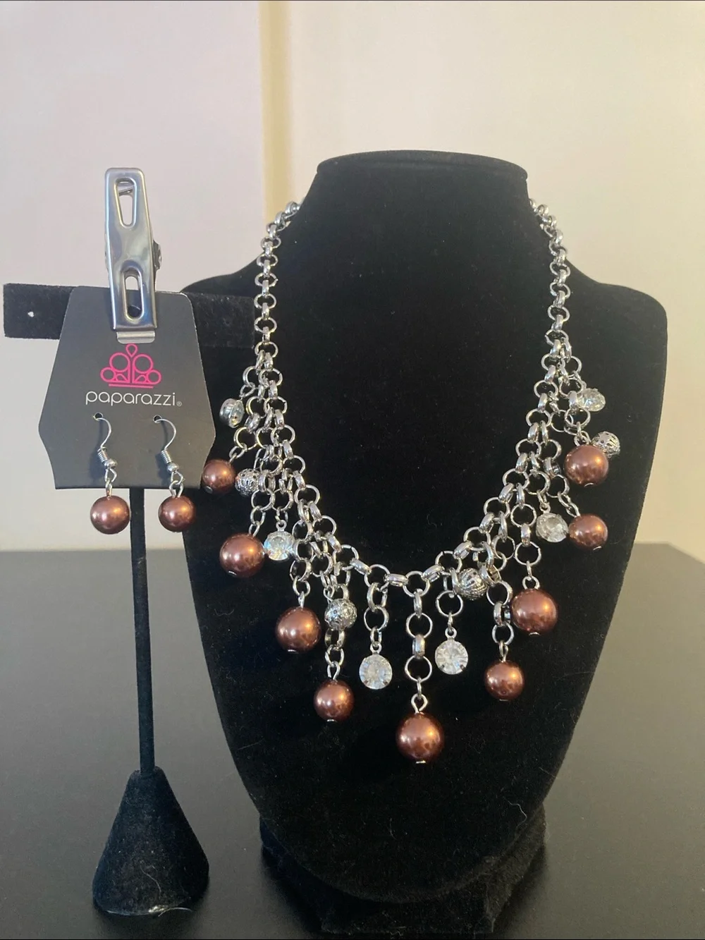 paparazzi Bronze Pearl & Silver Chain Dangle Necklace Set - Picture 1 of 1